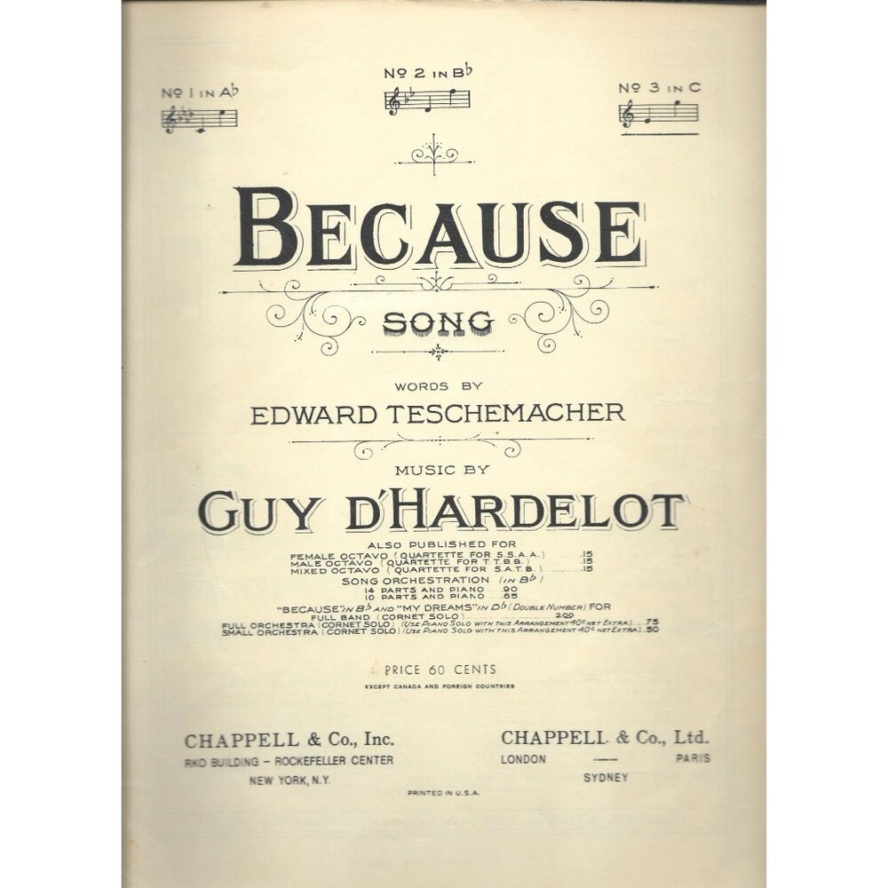 Because Song Sheet Music By Edward Teschemacher & Guy DHardelot